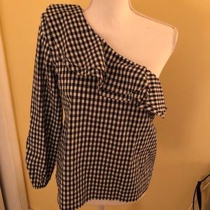 J Crew one sleeve ruffle gingham blouse